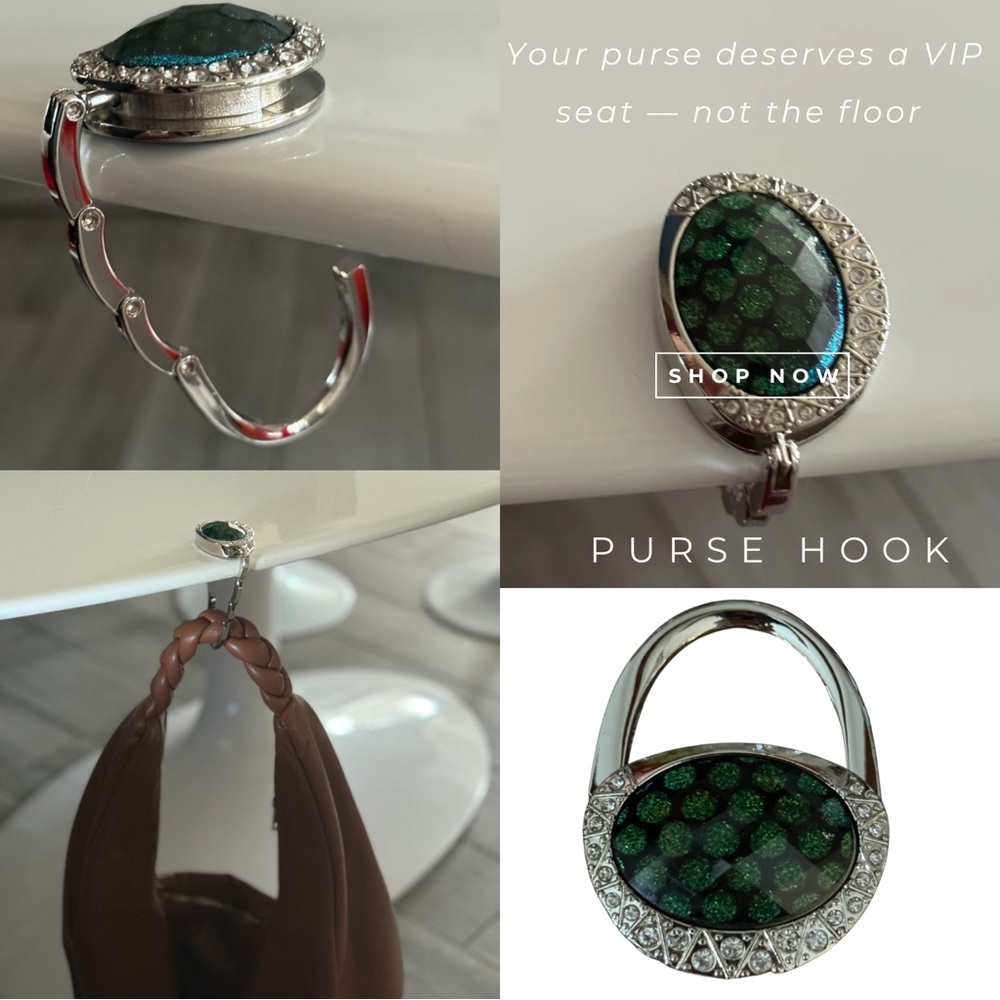 Sale!!! 3 Rhinestone Purse Hook Hanger Foldable Handbag Table Holder Green